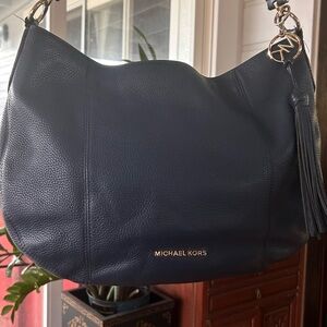 MICHAEL KORS Navy Blue Brooke Pebbled Leather Bag (1callout) w/ tassel